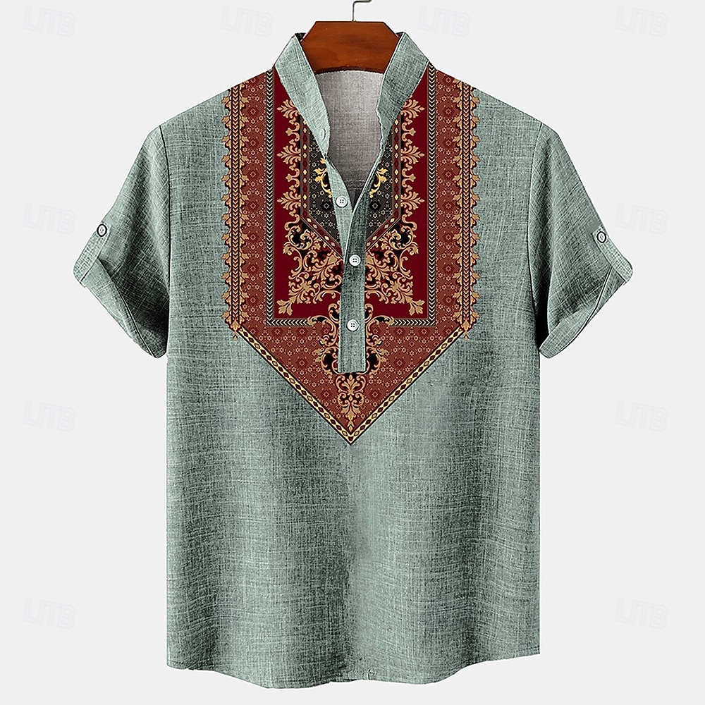 Bărbați cămașă de in Cămașă Henley cămăși retro Cămașă de epocă Cămașă etnică Έθνικ Vacanță Zilnice Trifoi Kaki Gri Manșon scurt Guler mandarin Vară Primăvară Îmbrăcăminte Nasturi 2025 - RON 138.99 –P5
