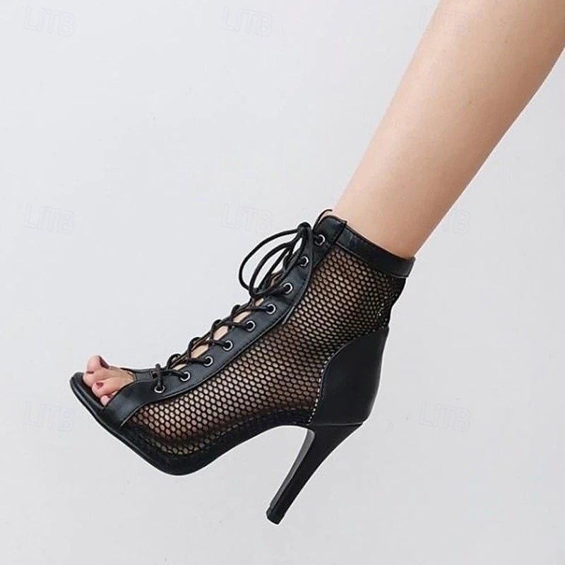 Botas de baile de malla con cordones negros sexys para mujer con diseño de punta abierta: ideales para fiestas de baile y presentaciones 2026 - $69.99 –P1