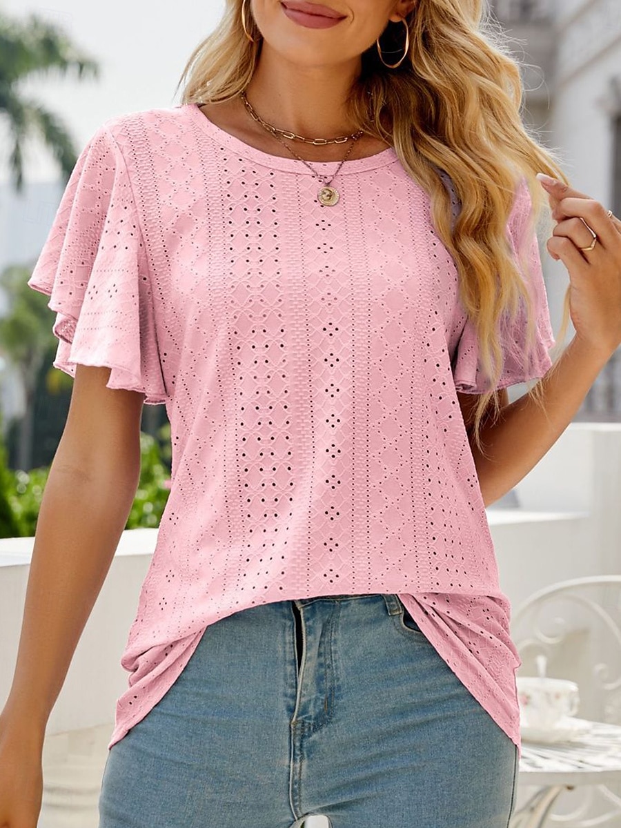 Tops en dentelle élégants pour femmes Blouse en œillets blanche stylée décontractée unie à manches courtes à col crew régulières quotidienne romantiques tailles petites à porter pendant les vacances de 2025 ? $25.99 –P5
