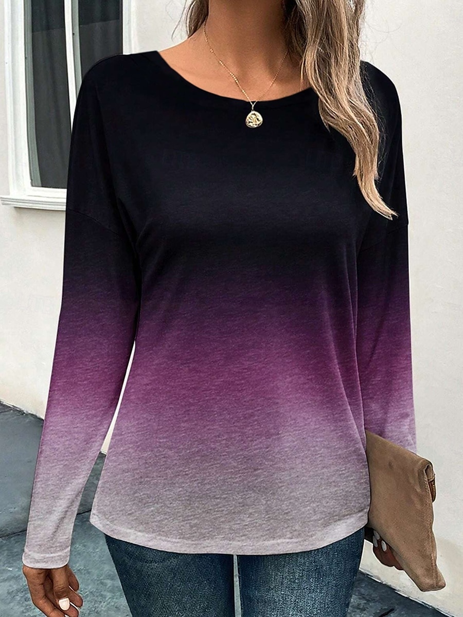 Dames T-shirt Kleurgradatie Modieus Casual Lange mouw Ronde hals Normale tops Dagelijks Weekend Afdrukken Rood blauw Paars Grijs Lente & Herfst 2025 - $23.99 -P3