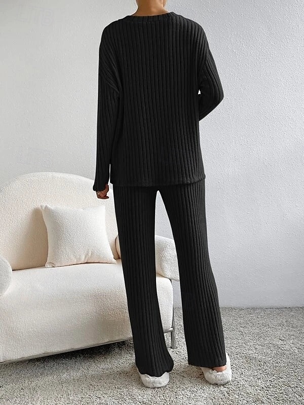 Women's Loungewear Pajama Set Simple Home V Neck Long Sleeve Pullover Pant Spring Fall Black Blue Home Outfits 2025 - $33.99 –P6