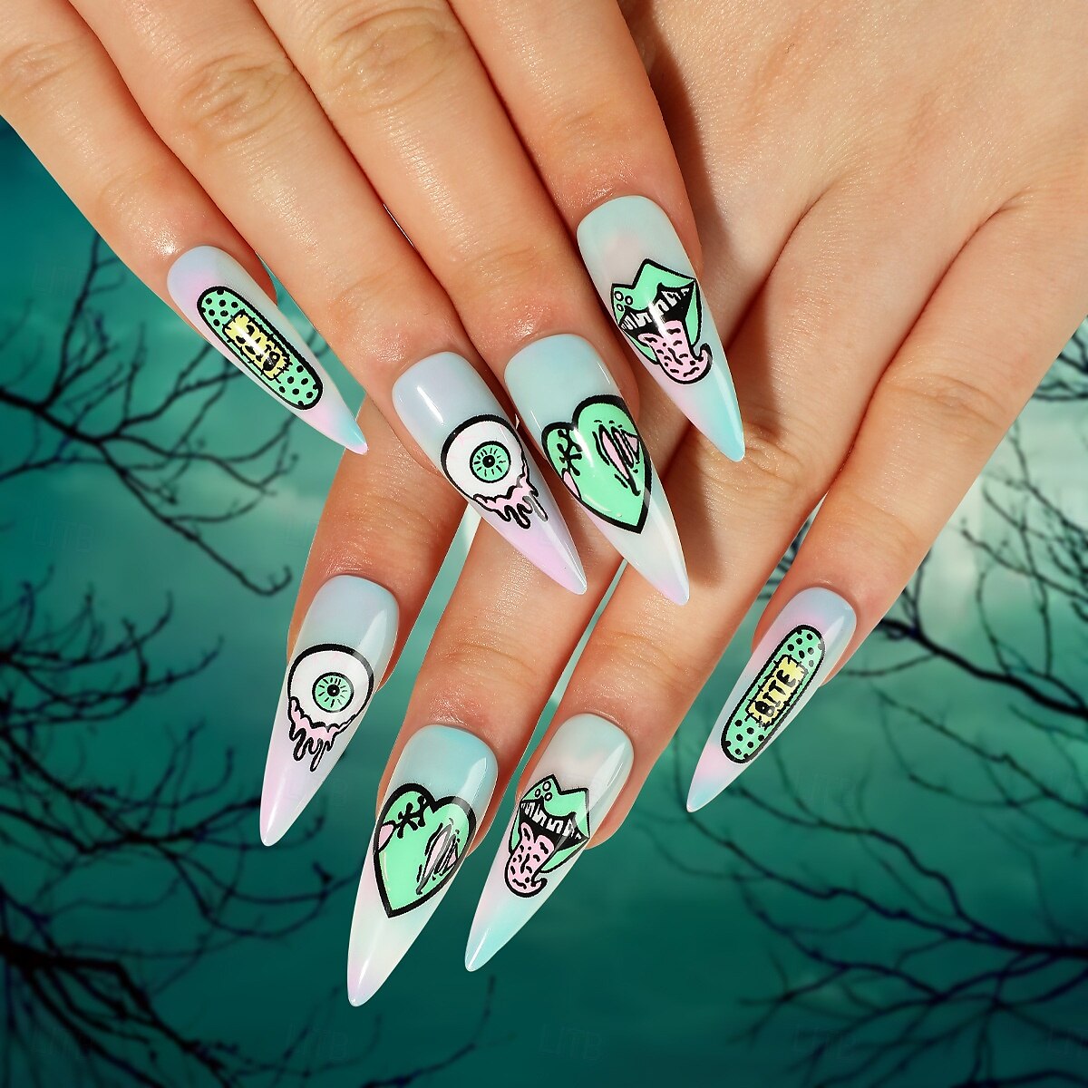 24pcs/set Long Starry Sky Gradient Green Heart, Eye, Mouth  Halloween  False Nail Tip Press on 2025 - $13.49 –P1