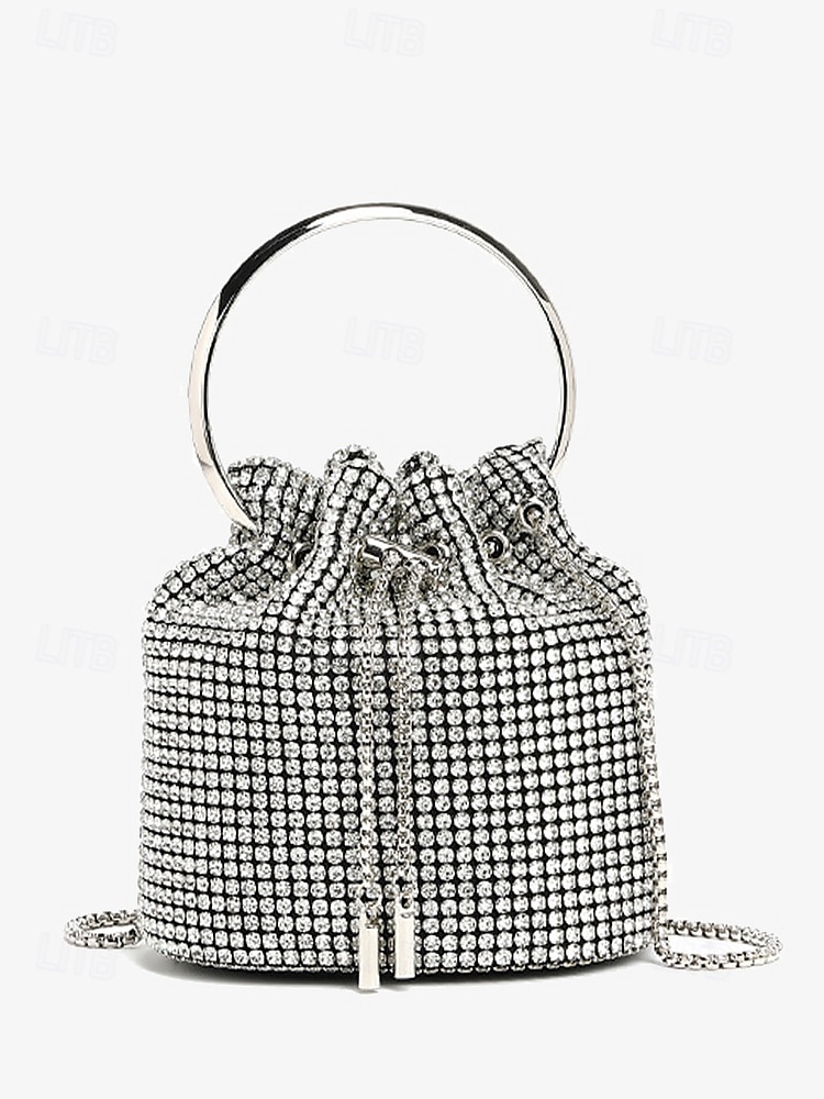 Women's Sparkling Silver Rhinestone Bucket Bag with Metal Ring Handle | Glamorous Accessory for Evening Parties and Special Occasions 2025 - $42.99 –P2