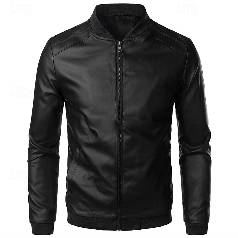 Herren Lederjacke Freizeitjacke Motorrad Jacke Täglich Urlaub Windundurchlässig warm halten Tasche Herbst Winter Glatt Modisch Klassisch Ständer Standard Kunstleder Schwarz Braun Jacken 2025 - $35.99 –P2