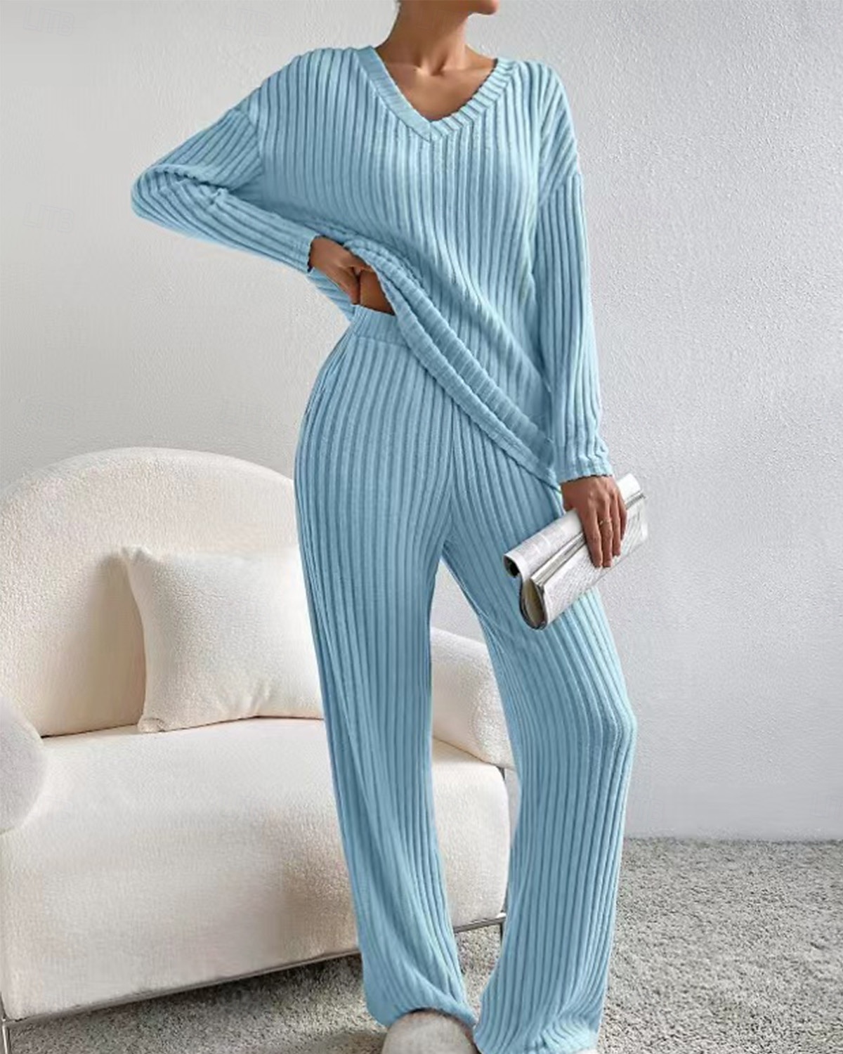Women's Loungewear Pajama Set Simple Home V Neck Long Sleeve Pullover Pant Spring Fall Black Blue Home Outfits 2025 - $33.99 –P12
