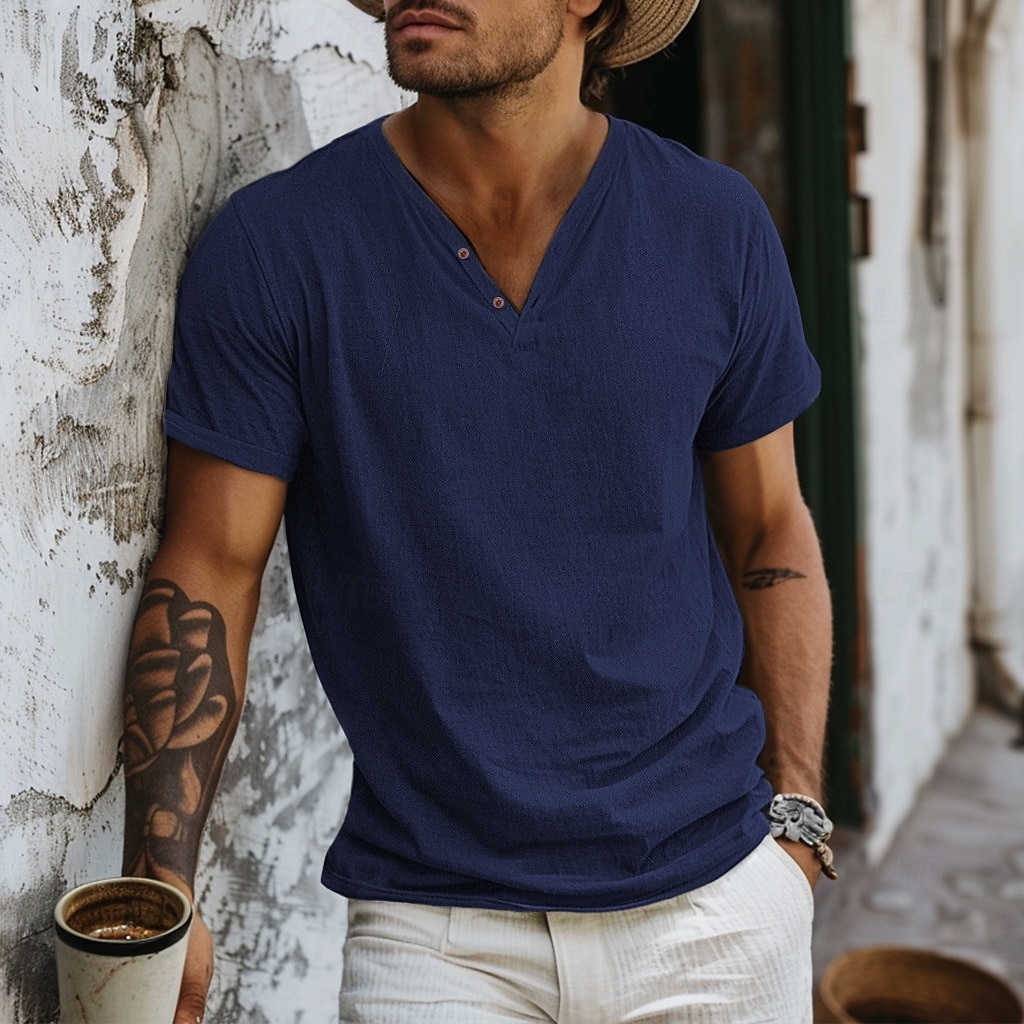 رجالي قميص هينلي تي الأعلى كم قصير سهل موضة مصمم أساسي V-neck V رقبة عطلة شارع مناسب للخارج الصيف أزرق فاتح أسود أبيض تي شيرت هنلي 2025 - $15.49 –P11