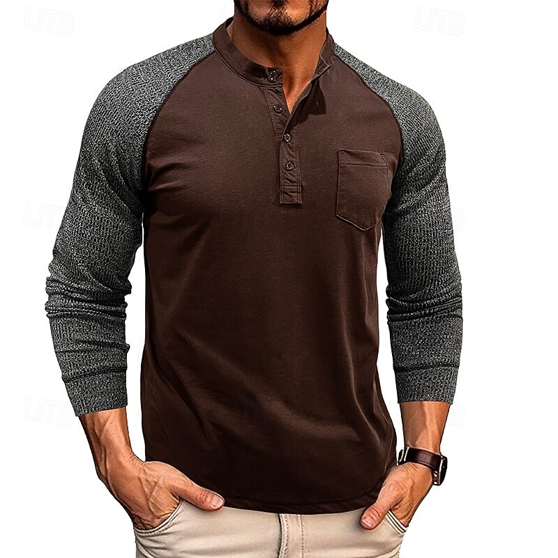 Herren T-Shirt mit Knöpfen T Shirt Henley Hemd T-Shirt Langarm Henley Frühling & Herbst Farbblock Mode Designer Basic Patchwork Urlaub Straße Ausgehen Königliches Blau Blau Armeegrün Top T-Shirt für 2025 - $32.99 –P16