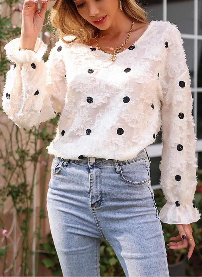 Women's Blouse Stylish Modern Ruffle Long Sleeve Regular Tops Crew Neck Work Daily White Spring Fall Winter 2025 - $26.99 –P1