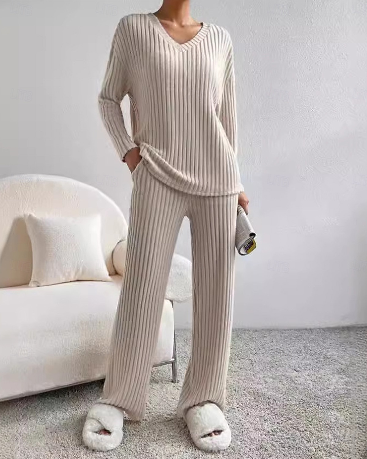 Women's Loungewear Pajama Set Simple Home V Neck Long Sleeve Pullover Pant Spring Fall Black Blue Home Outfits 2025 - $33.99 –P1