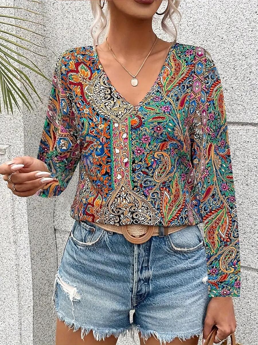 Women's Tunic Fashion Casual Print Long Sleeve Regular Tops V Neck Daily Red Blue Green Spring Fall 2025 - $29.99 –P2