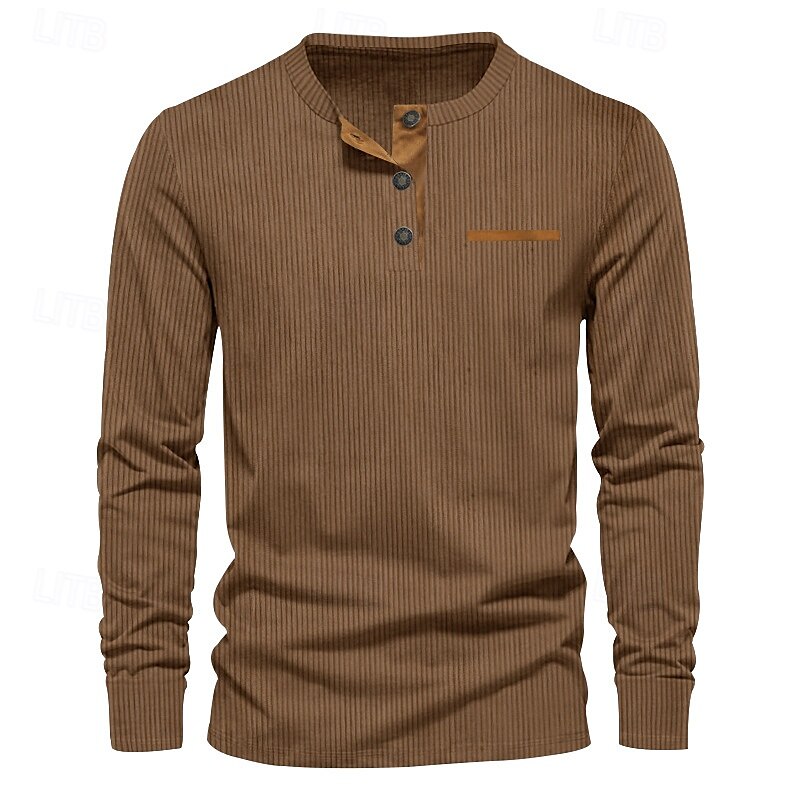 Herren T-Shirt mit Knöpfen T Shirt Cordhemd Henley Hemd Langarm Henley Frühling & Herbst Einfach Mode Designer Basic Urlaub Straße Ausgehen Schwarz Wein Braun Top T-Shirt für Herren 2025 - $23.99 –P12