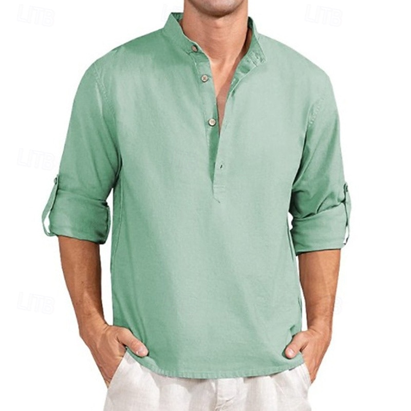 Men's Shirt Chinese Collar Shirt Mandarin Collar Shirt Popover Shirt Summer Shirt Casual Shirt White Pink Green khaki Light Blue Long Sleeve Plain Collar Vacation Hawaiian Clothing Apparel Fashion 2026 - $19.99 –P4