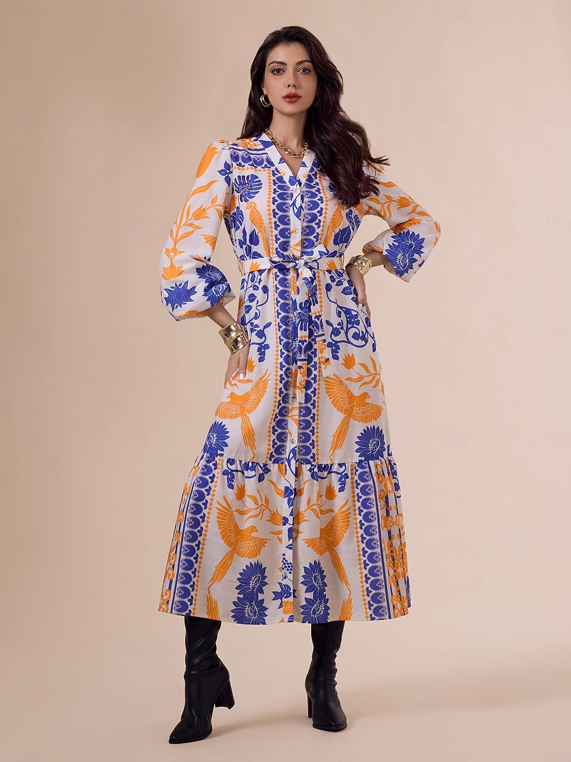 Vestido largo bohemio con escote en V, mangas farol y cinturón botánico 2025 - $114.99 –P5