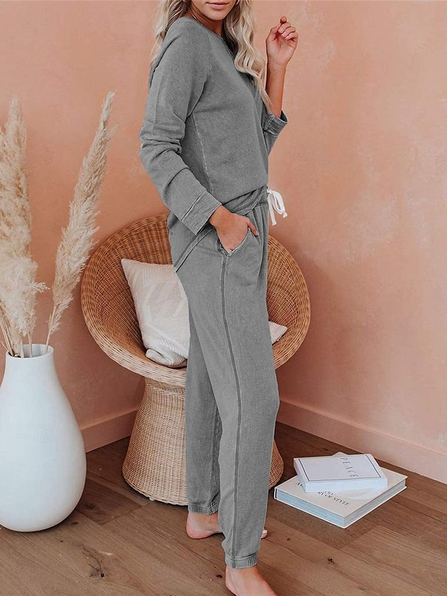 pyjamasset för kvinnor ren färg mode grundläggande komfort hem daglig säng andas rund hals långärmad byxficka resår midja höst vinter hem outfits 2025 - $36.99 –P16