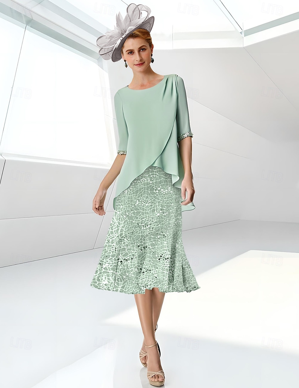 Strandhochzeit A-Linie Mutter der Braut Kleid Elegant Schmuckkragen Knielang Spitze Stretch Chiffon Halber Ärmel mit Spitzenrüsche maßgeschneiderte Größe 2025 - $151.99 –P1
