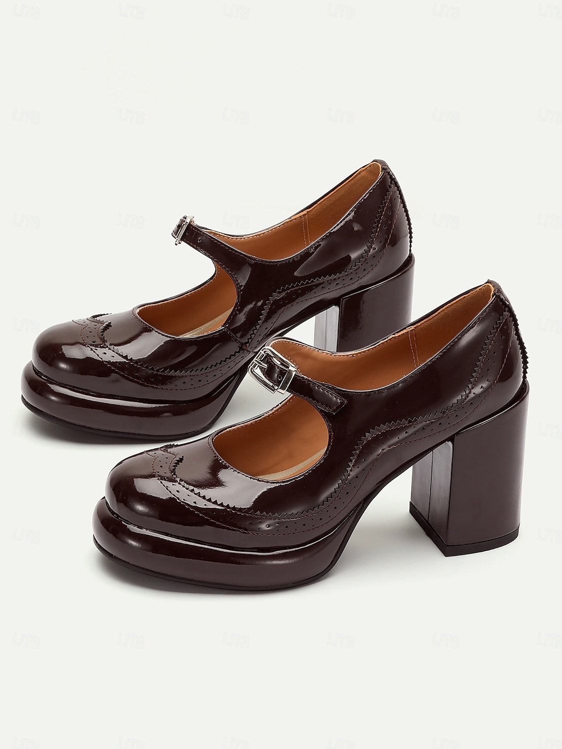 Women's Brown Patent Leather Mary Jane Block Heel Pumps with Brogue Detailing - Vintage-Inspired Dress Shoes for Office and Evening Wear 2025 - $59.99 –P2