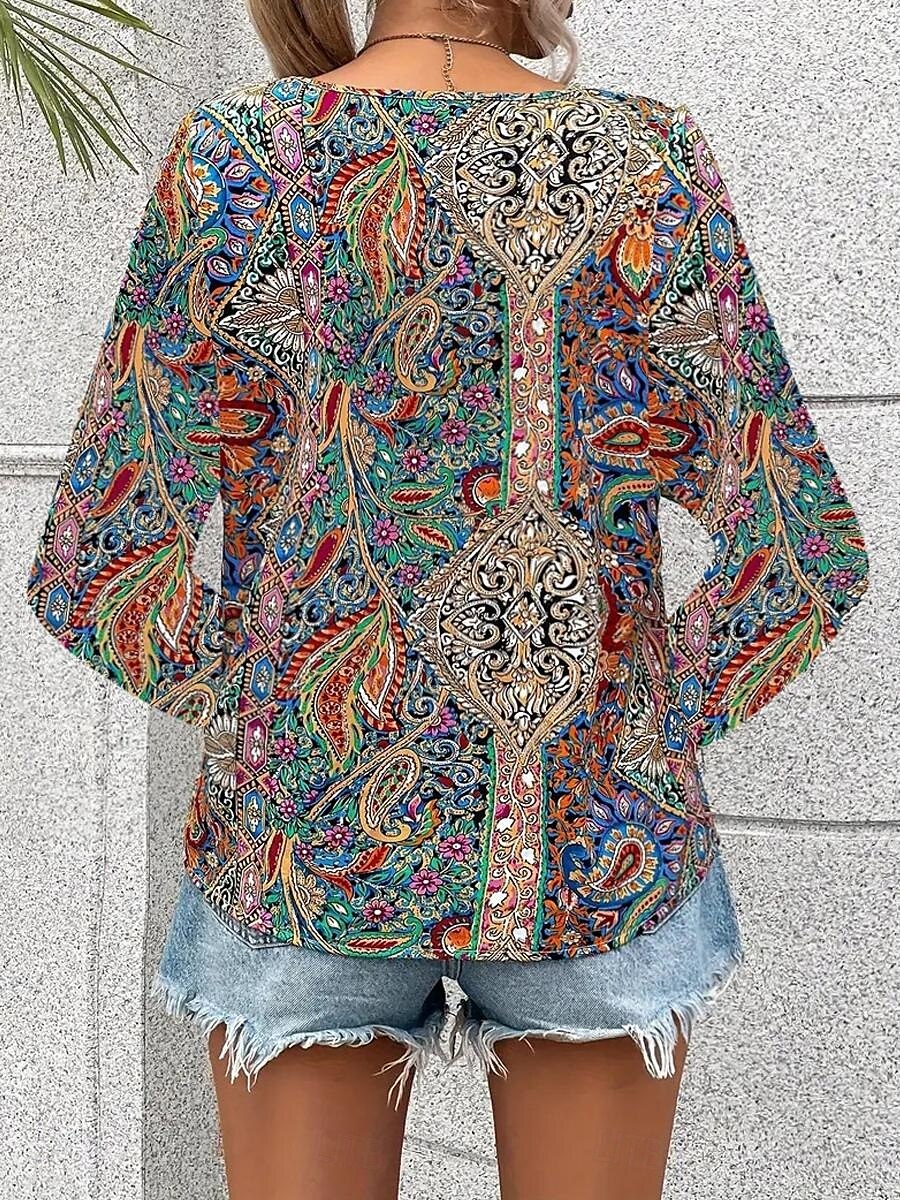 Women's Tunic Fashion Casual Print Long Sleeve Regular Tops V Neck Daily Red Blue Green Spring Fall 2025 - $29.99 –P7