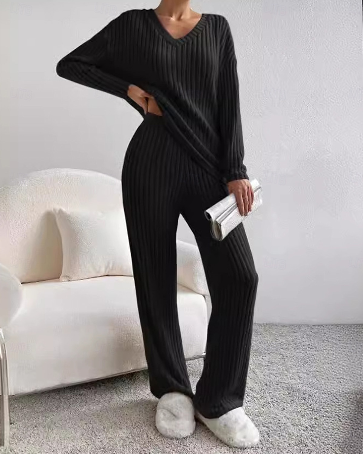 Women's Loungewear Pajama Set Simple Home V Neck Long Sleeve Pullover Pant Spring Fall Black Blue Home Outfits 2025 - $33.99 –P8