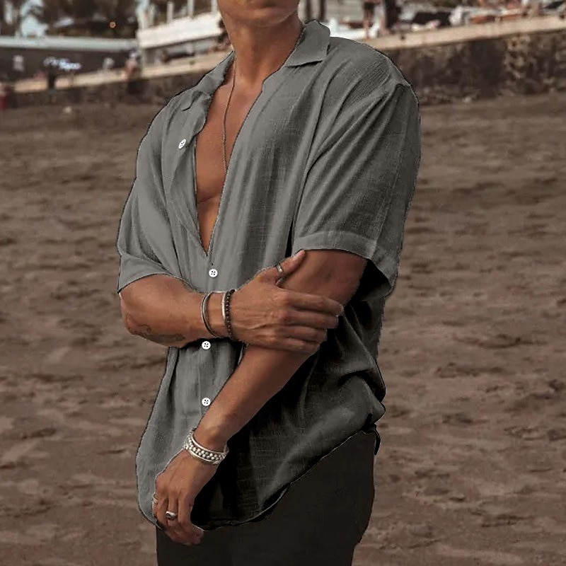 Voor heren Zomer overhemd Strand Kleding Overhemd met knopen Effen Vakantie Curise Wit Blauw Khaki Grijs Korte mouw Strijkijzer Zomer Kleding 2025 - $20.99 –P4