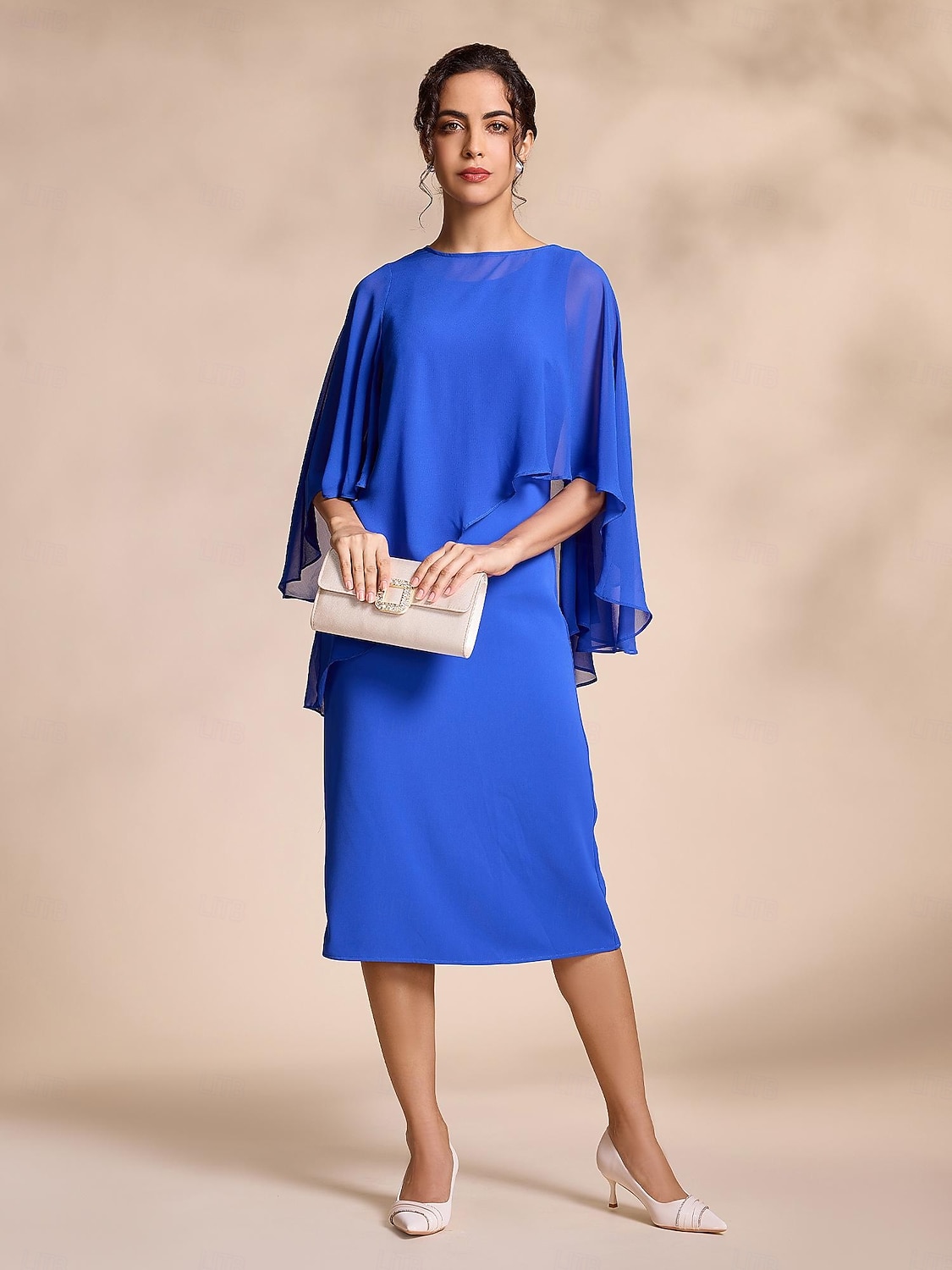 Vestido de gasa azul casual de 2 piezas con mangas redondas y corte midi para madre de la novia, vestido para impresionar 2024 2026 - $99.99 –P5