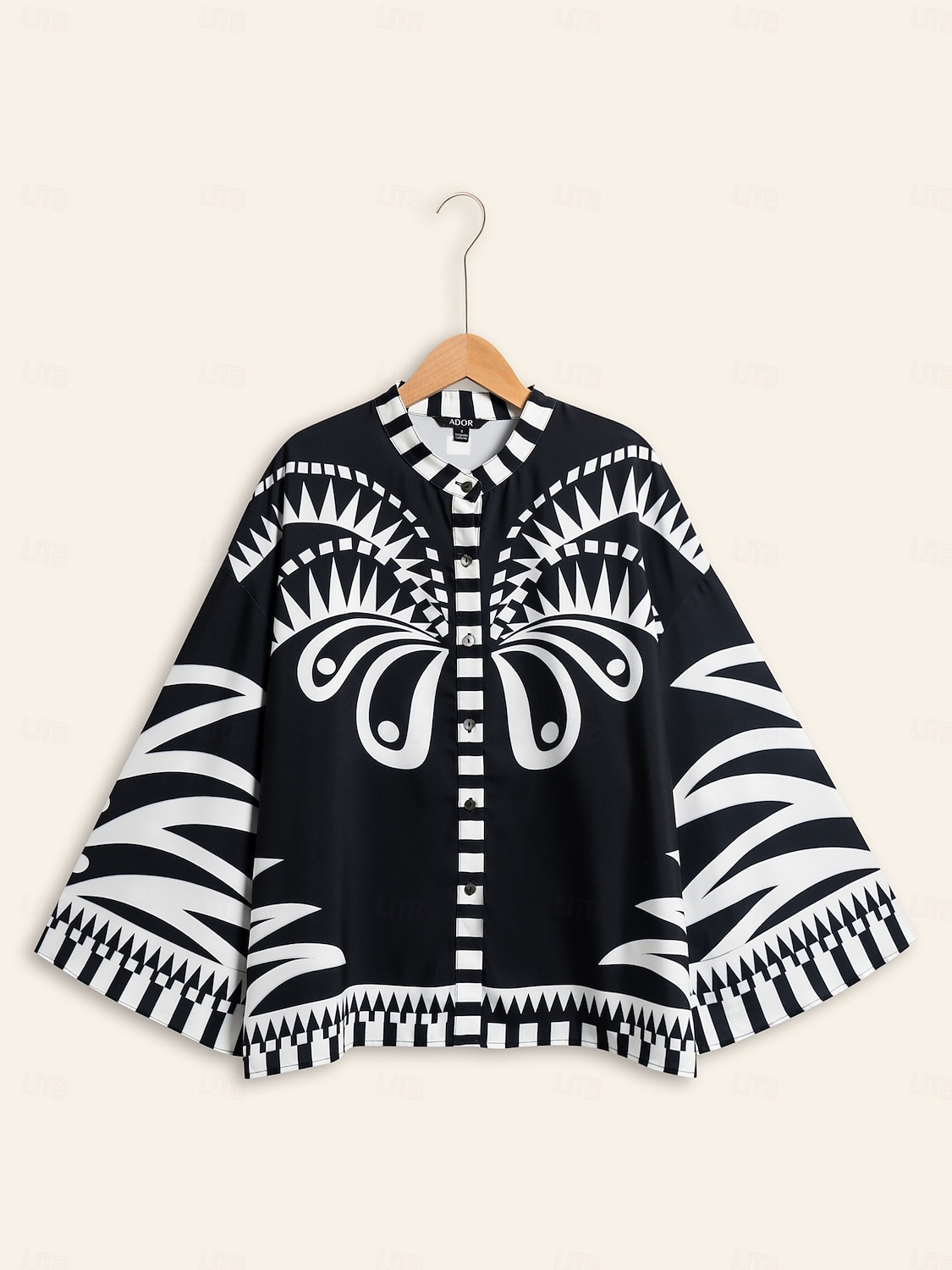 camicetta da donna nera collo alto raso stampa geometrica polsini svasati manica vacanza casual quotidiano primavera estate autunno del 2025 a $61.99 –P8