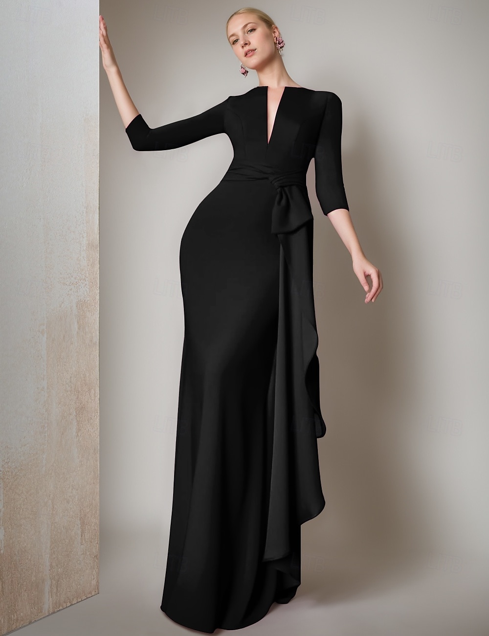 Schwarze Meerjungfrau Abendrobe Elegantes Kleid Formell Herbst Bodenlänge 3/4-Ärmel V-Ausschnitt Stretch-Crêpe mit Federgerafften Rüschen 2025 2025 - $172.99 –P3