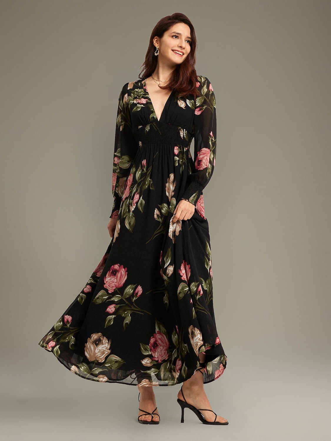 Abito per invitati in chiffon con volant floreale e maxi scollo a V. Abito per invitati del 2025 a $86.99 –P3