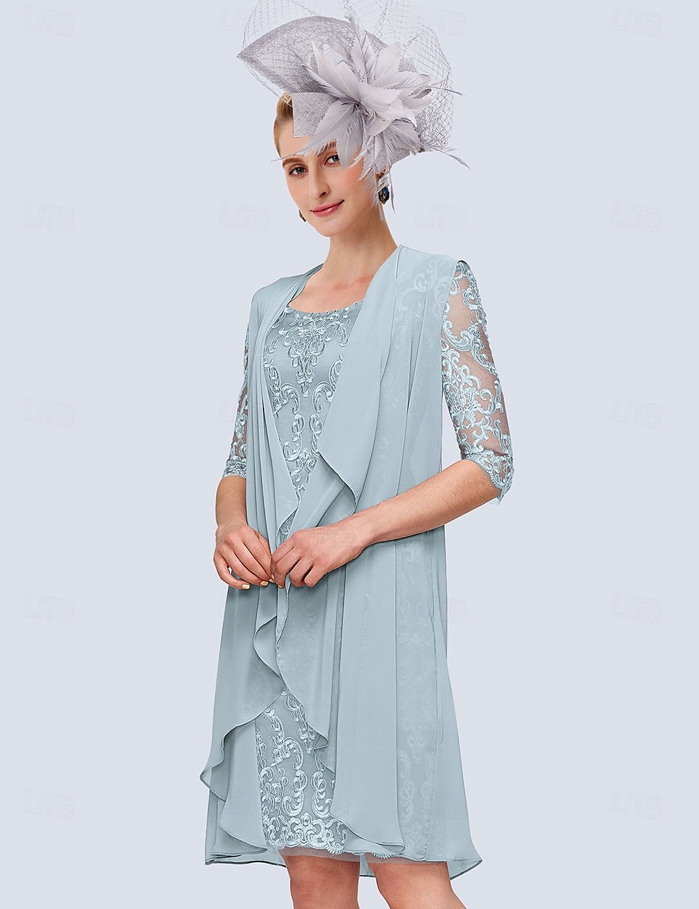 Two Piece Sheath Mother of the Bride Dress Elegant Jewel Neck Knee Length Chiffon Lace Half Sleeve Wrap Included Jacket Dresses with Lace free custom size 2025 - $168.99 –P6