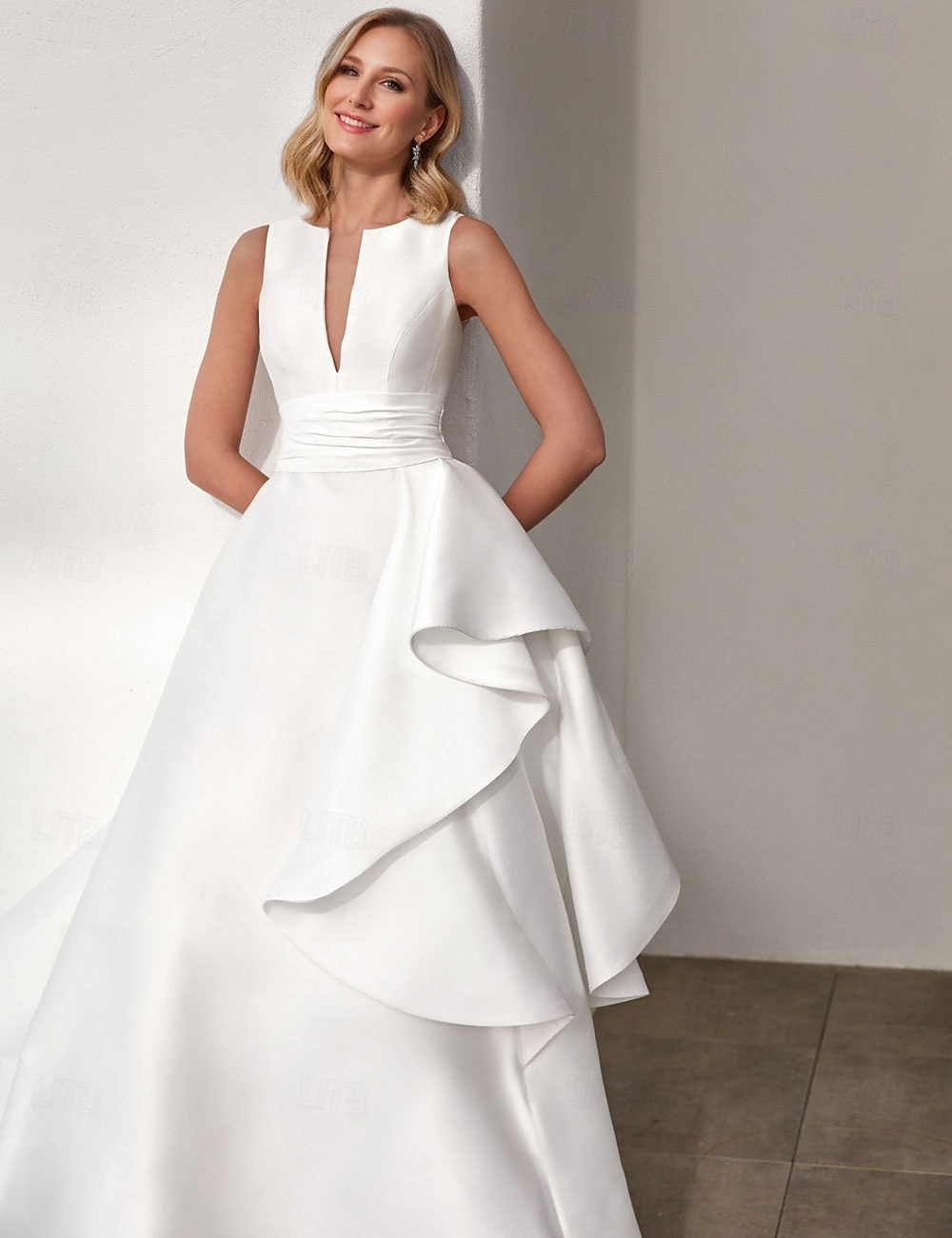 Wedding Dresses A-Line V Neck Sleeveless Floor Length Satin Bridal Gowns With Appliques Solid Color 2025 - $229.99 –P3