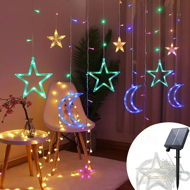Rideau lumineux en forme d'étoile et de lune avec télécommande, 3,5 m, 138 LED, 8 modes, pour mariage, fête de Noël, extérieur, étanche, pour tente, chambre à coucher, salon, balcon, fenêtre, de 2025 ? $55.99 –P8