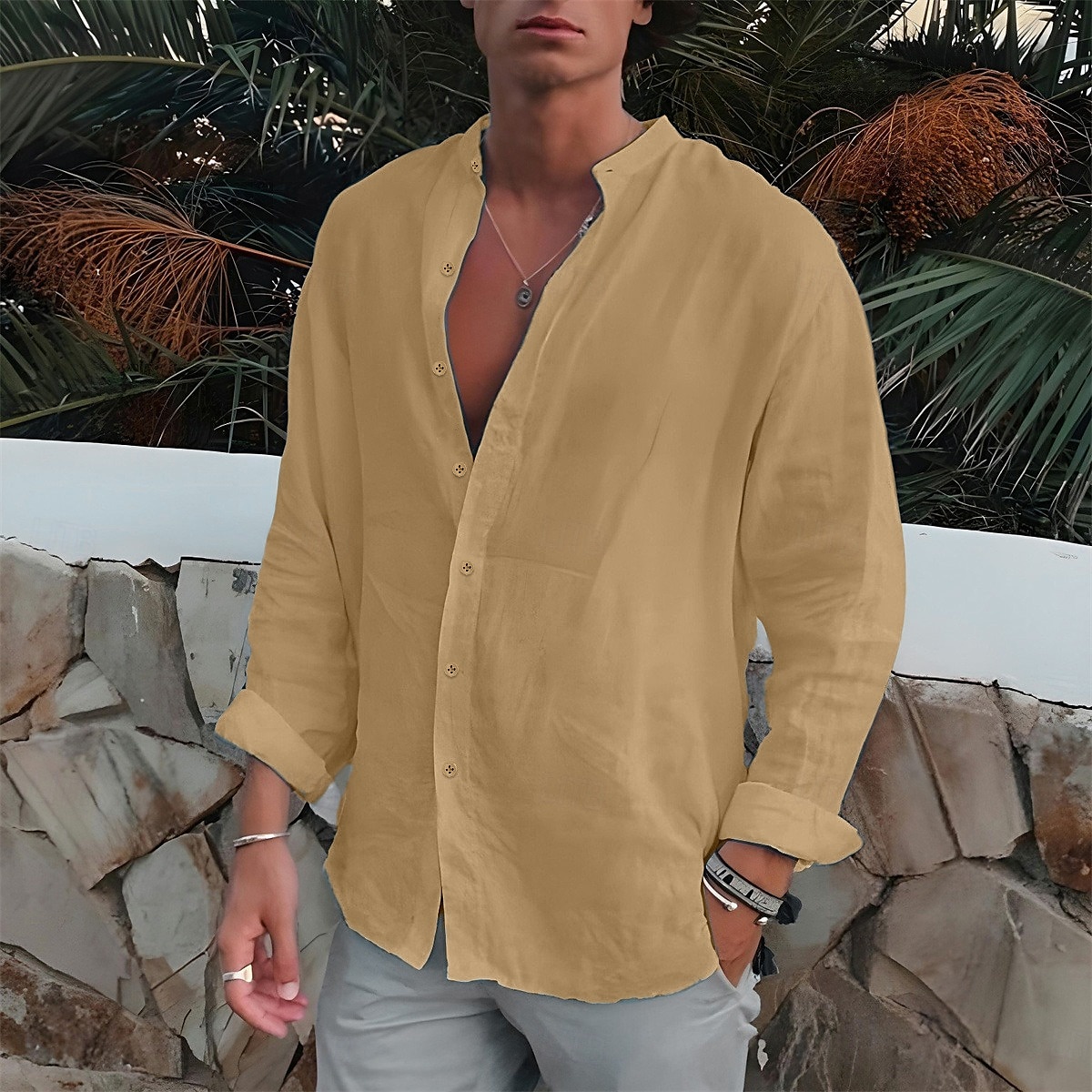 Per uomo Camicia Camicia con colletto a fascia Camicia estiva Abbigliamento mare Camicia con bottoni Liscio Esterno Da mare Nero Bianco Blu Verde Manica lunga Collo ripiegabile Primavera & Autunno del 2025 a $23.99 –P2