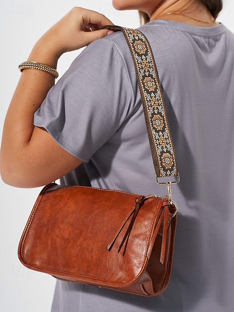 brun skulderveske i imitert skinn for kvinner med justerbar mønstret stropp - stilig crossbody-veske for casual og boho chic looks 2026 - $26.99 –P1