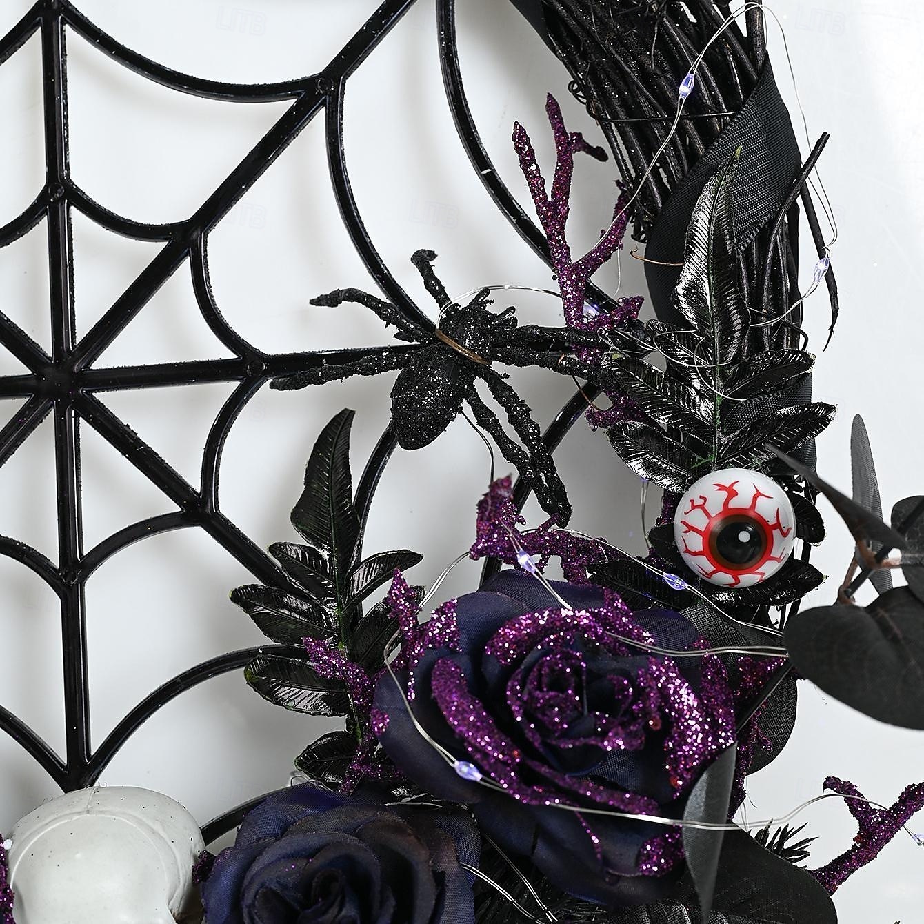 halloween koszorú műkoponyával és karácsonyi díszekkel - kísérteties lila virágos szőlőajtó függő kísértetjárta házhoz és félelmetes parti dekorációhoz 2025 - $76.99 –P5