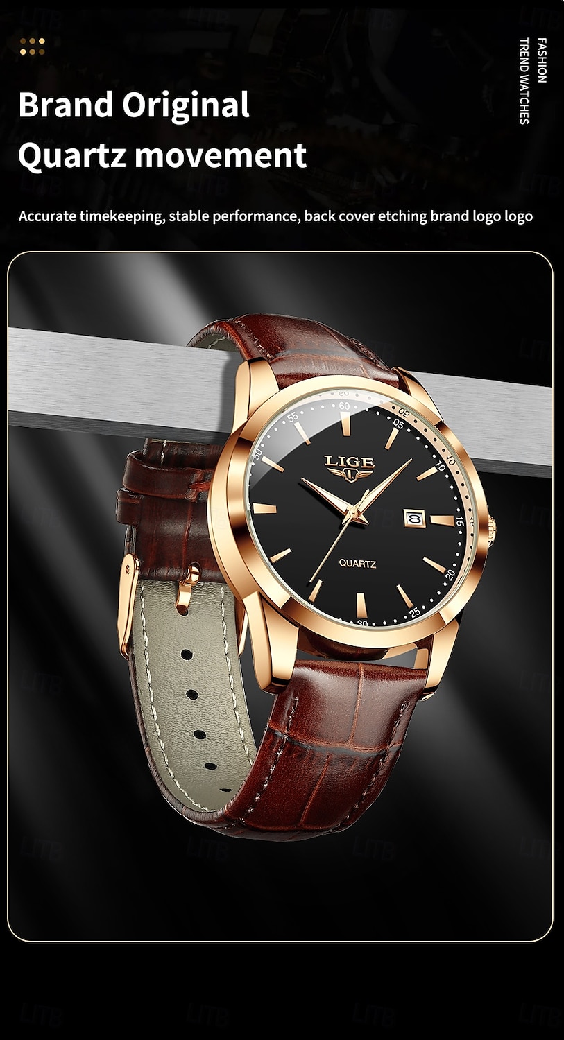 LIGE Heren Quartz Horloge Zakelijke Datum Waterdichte Leren Strap Horloge 2025 - $20.99 –P14