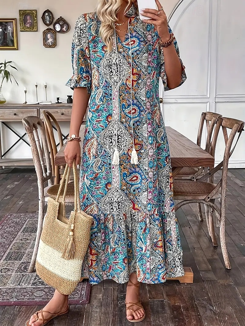 Dámské Maxi šaty Volnočasové šaty Boho šaty stylové Na běžné nošení Denní Volný Grafika Dlouhý rukáv Do V Vodní modrá Jaro Podzim 2025 - $27.99 –P1