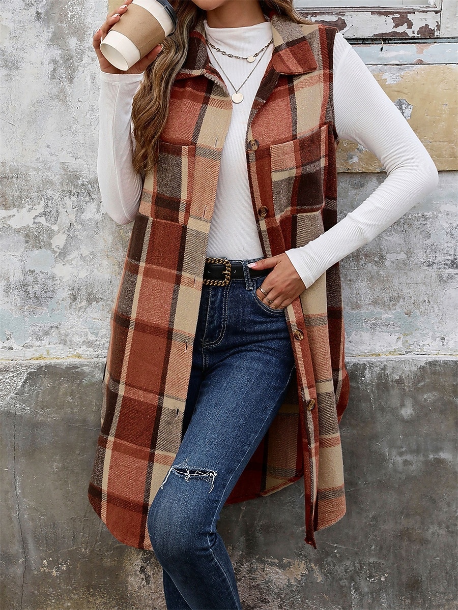 Gilet Femme Extérieur Plein Air Usage quotidien mode Décontractées Avec poches Longue Manteau Café Automne Hiver Boutonnage Simple Col rabattu Standard S M L XL de 2025 ? $34.99 –P4