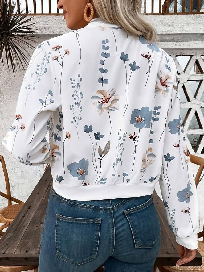 Damen Jacke Party Zip Blumen Windundurchlässig Modisch Regular Fit Oberbekleidung Langarm Herbst Weiß S 2025 - $38.99 –P2
