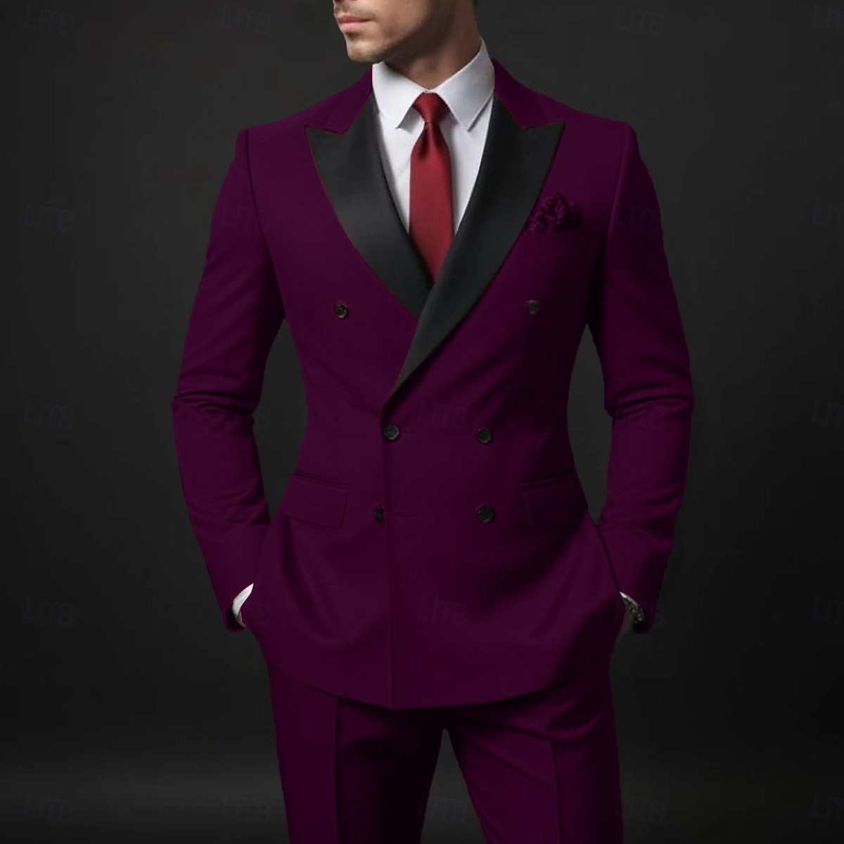 Men's Prom Party Tuxedos Suits Red Luxury Formal Spring, Fall, Winter, Summer Solid Colored Tailored Fit 2 Piece Double Breasted Six-buttons 2026 - $122.99 –P6