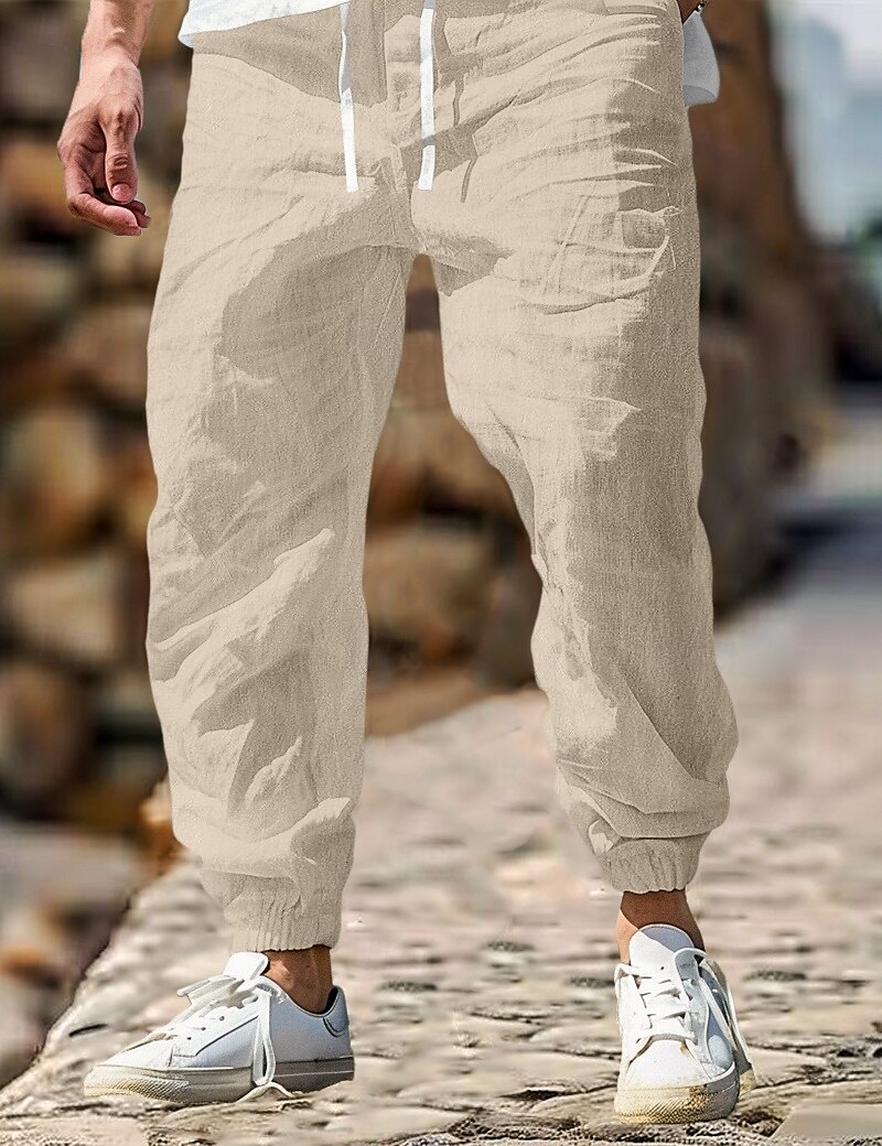 Men's Linen Pants Trousers Summer Pants Elastic Waist Straight Leg High Rise Solid Color Comfort Breathable Full Length Outdoor Home Casual Vacation Fashion Gray Green Black High Waist Inelastic 2025 - $27.99 –P4