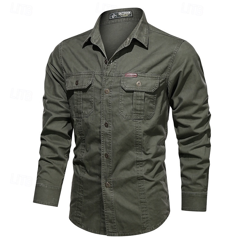 Voor heren Overhemd Werkkleding shirts Werkhemden Overhemd met knopen Cargoshirt Zwart khaki Leger Groen Donkerblauw Beige Lange mouw Effen Revers Vakantie Feestdagen Voorvak Kleding Modieus Casual 2025 - $26.99 –P5