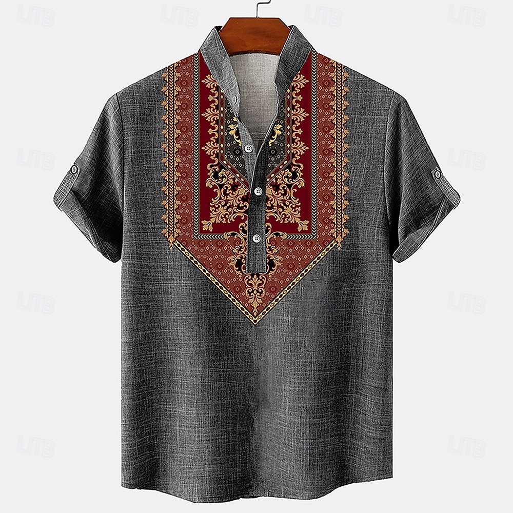 Bărbați cămașă de in Cămașă Henley cămăși retro Cămașă de epocă Cămașă etnică Έθνικ Vacanță Zilnice Trifoi Kaki Gri Manșon scurt Guler mandarin Vară Primăvară Îmbrăcăminte Nasturi 2025 - RON 138.99 –P4