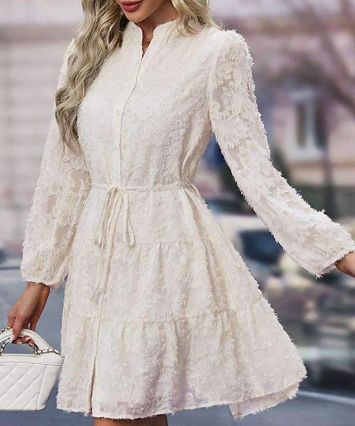 Per donna Abito semplice Vestito longuette Pizzo Pulsante Vintage Informale Colletto Manica lunga Nero Bianco Verde Colore del 2025 a $41.99 –P6