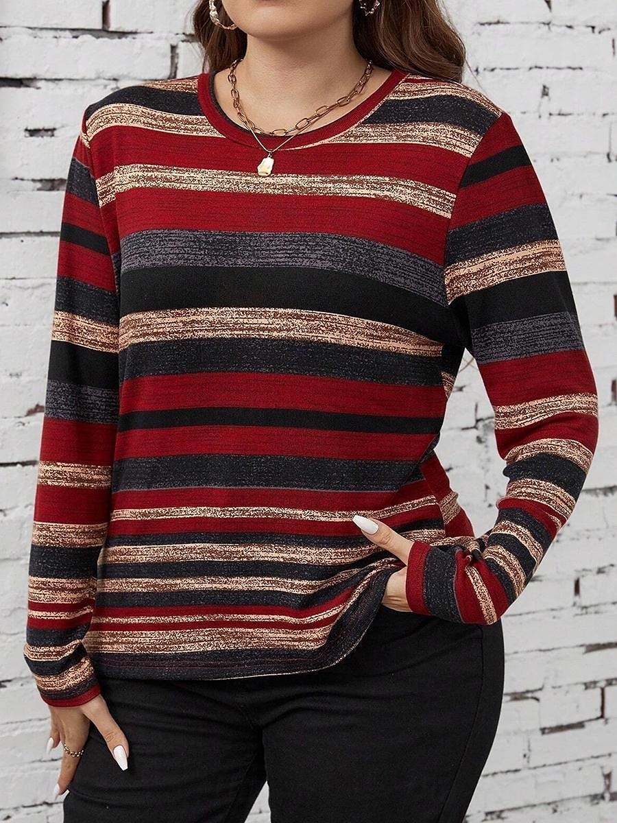 dam toppar i plusstorlek t-shirt t-shirt randigt tryck långärmad rund hals casual dagligen höst vinter vin 2025 - $18.99 -P1