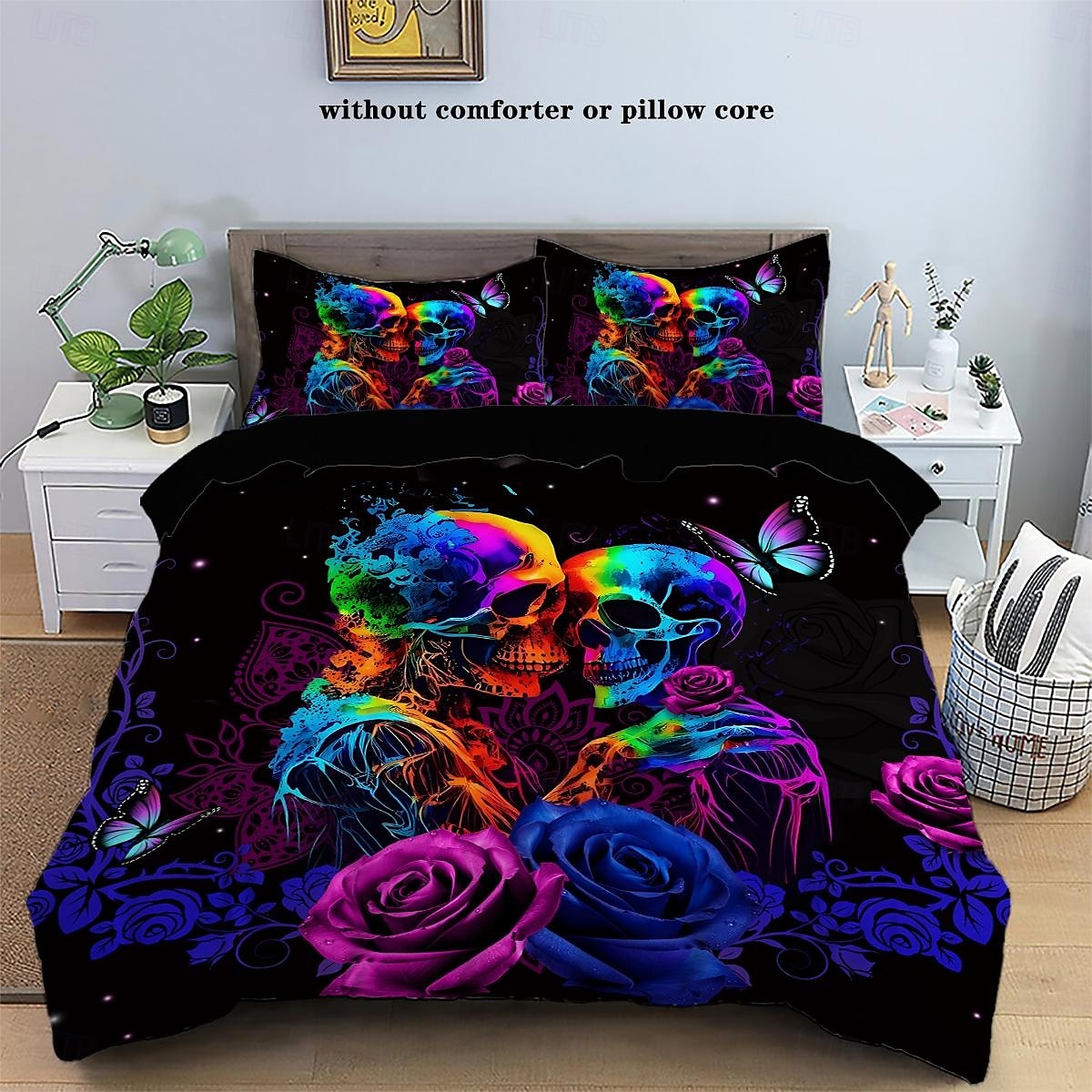 Copripiumino con stampa floreale a forma di teschio gotico, set da letto da 3 pezzi - design unico e artistico - include copripiumino e federe - tessuto morbido e resistente - perfetto per aggiungere del 2025 a $68.99 –P13