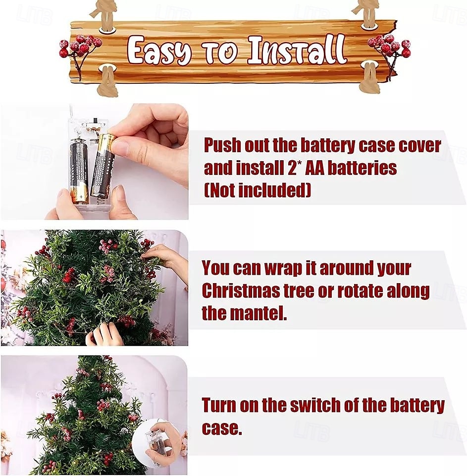 Christmas LED Red Fruit Cane Garland Lights Simulation Pine Branch Fairy Leaf String Light 1.8m 20LED Battery Powered Xmas Wedding Party Holiday Garden Home Decoration 2025 - $20.99 –P8