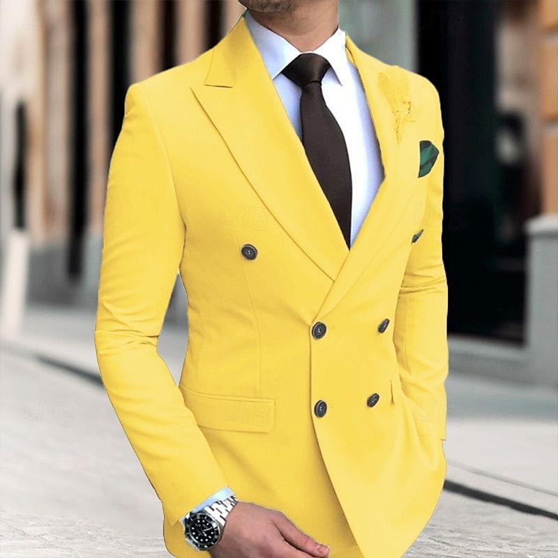 Herr Studenten Kavaj Företag Cocktailfest Bröllopsfest Mode Ledigt Vår & Höst Polyester Ensfärgat Knappar Ficka Bekväm Dubbelknäppt Blazer Ljusrosa Gul Rodnande Rosa Kungsblå 2025 - $54.99 –P4
