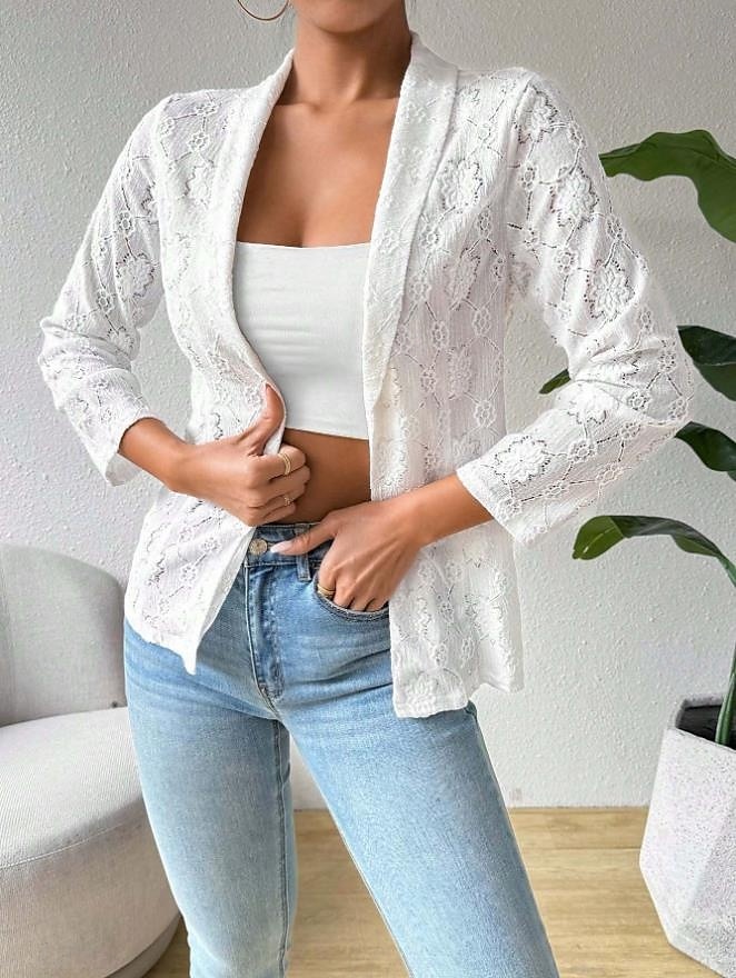 Damen Jacke Alltagskleidung Spitze Feste Farbe Windundurchlässig Vintage Regular Fit Oberbekleidung Langarm Frühling Weiß S 2025 - $40.99 –P3