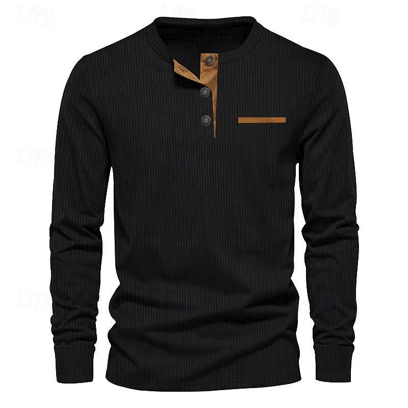 Herren T-Shirt mit Knöpfen T Shirt Cordhemd Henley Hemd Langarm Henley Frühling & Herbst Einfach Mode Designer Basic Urlaub Straße Ausgehen Schwarz Wein Braun Top T-Shirt für Herren 2025 - $23.99 –P2