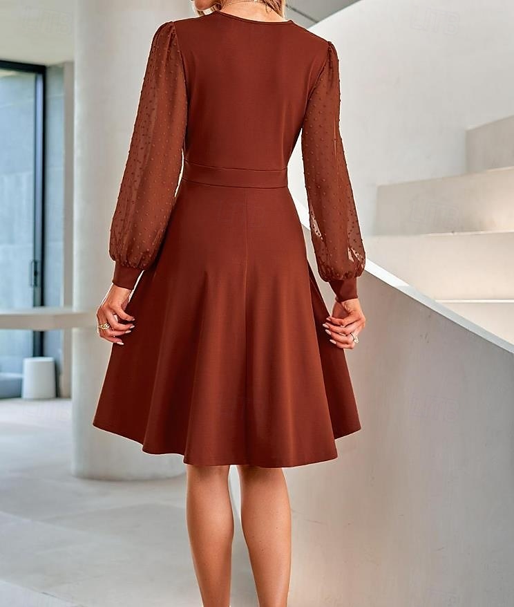 Women's Black Dress Mini Dress Ruched Mesh Wedding Guest Cocktail Party Elegant V Neck Long Sleeve Bishop Sleeve Black Brown Green Color 2025 - $39.99 –P5