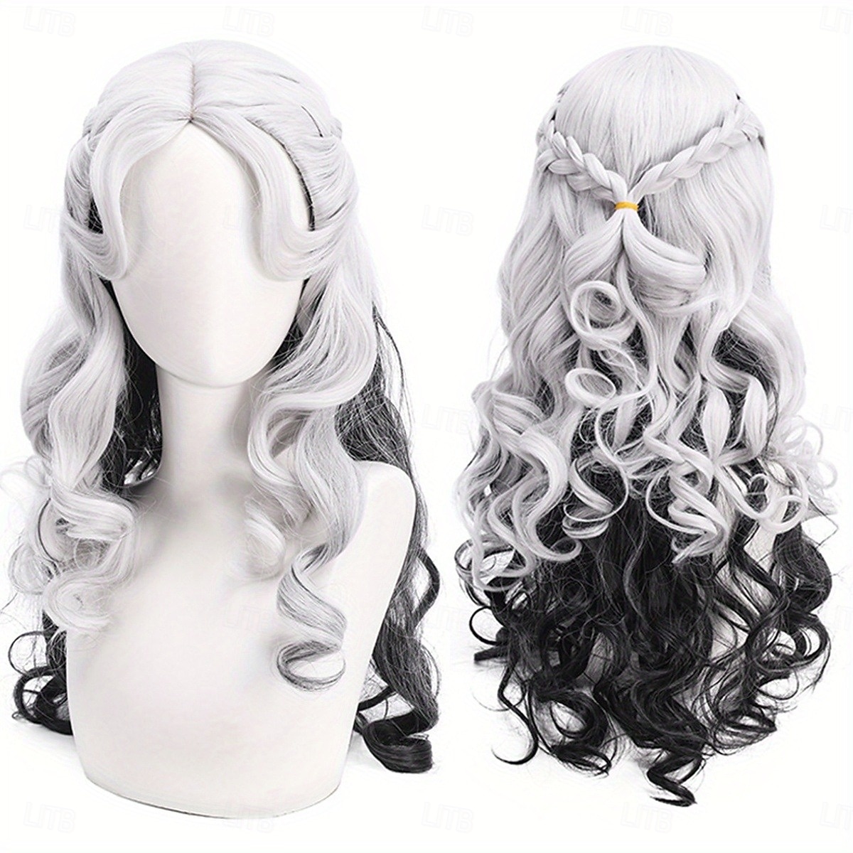 Hitzebeständige 26 Zoll lange, lockige Cosplay-Perücke mit Mittelscheitel, Anime-Thema, krauses Kunsthaar, Rosennetz-Kappe, Halloween- und Festival-Party-Kostüm-Zubehör – Schwarz-Weiß-Mix 2026 - $17.49 –P3